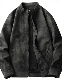 Best OUKU Men's Faux Leather Jacket Fleece Jacket Biker Jacket Vintage Leather Jacket Daily Vacation Windproof Warm Pocket Fall & Winter Plain Fashion Classic Stand Collar Regular Black Brown Green Jacket