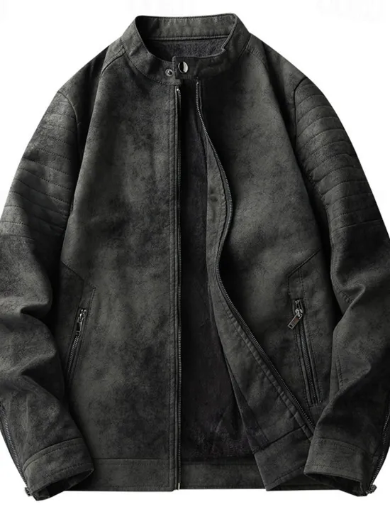 Best OUKU Men's Faux Leather Jacket Fleece Jacket Biker Jacket Vintage Leather Jacket Daily Vacation Windproof Warm Pocket Fall & Winter Plain Fashion Classic Stand Collar Regular Black Brown Green Jacket