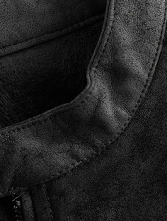 Best OUKU Men's Faux Leather Jacket Fleece Jacket Biker Jacket Vintage Leather Jacket Daily Vacation Windproof Warm Pocket Fall & Winter Plain Fashion Classic Stand Collar Regular Black Brown Green Jacket