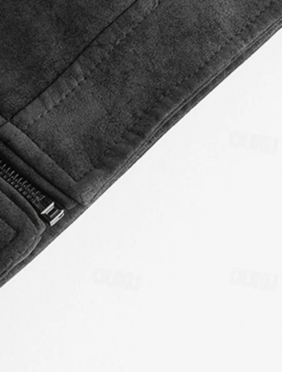 Best OUKU Men's Faux Leather Jacket Fleece Jacket Biker Jacket Vintage Leather Jacket Daily Vacation Windproof Warm Pocket Fall & Winter Plain Fashion Classic Stand Collar Regular Black Brown Green Jacket