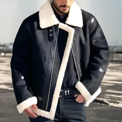 Best OUKU Men's Faux Leather Jacket Fleece Jacket Biker Jacket Motorcycle Jacket Daily Vacation Windproof Warm Pocket Fleece Fall & Winter Plain Fashion Classic Lapel Regular Jacket Black