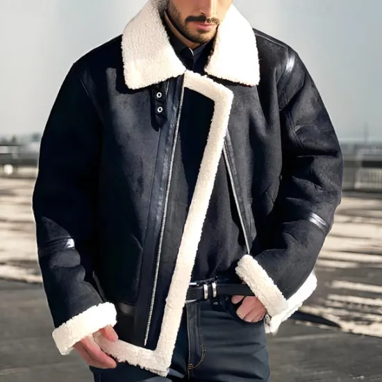 Best OUKU Men's Faux Leather Jacket Fleece Jacket Biker Jacket Motorcycle Jacket Daily Vacation Windproof Warm Pocket Fleece Fall & Winter Plain Fashion Classic Lapel Regular Jacket Black
