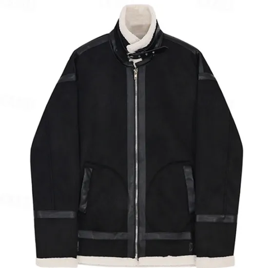 Best OUKU Men's Faux Leather Jacket Fleece Jacket Biker Jacket Motorcycle Jacket Daily Vacation Windproof Warm Pocket Fleece Fall & Winter Plain Fashion Classic Lapel Regular Jacket Black