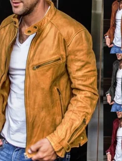 Clearance OUKU Men's Faux Leather Jacket Transition Jacket Biker Jacket Vintage Leather Jacket Vacation Daily Windproof Warm Pocket Fall & Winter Plain Fashion Classic Stand Collar Regular Faux Leather Black Yellow