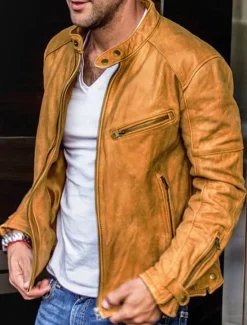 Clearance OUKU Men's Faux Leather Jacket Transition Jacket Biker Jacket Vintage Leather Jacket Vacation Daily Windproof Warm Pocket Fall & Winter Plain Fashion Classic Stand Collar Regular Faux Leather Black Yellow