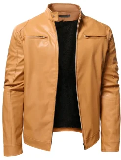 Outlet OUKU Men's Faux Leather Jacket Transition Jacket Biker Jacket Motorcycle Jacket Daily Thermal Warm Rain Waterproof Fall & Winter Solid Colored Stand Collar Regular Regular Fit Silver Black White Yellow