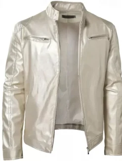 Outlet OUKU Men's Faux Leather Jacket Transition Jacket Biker Jacket Motorcycle Jacket Daily Thermal Warm Rain Waterproof Fall & Winter Solid Colored Stand Collar Regular Regular Fit Silver Black White Yellow