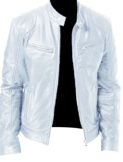 Outlet OUKU Men's Faux Leather Jacket Transition Jacket Biker Jacket Motorcycle Jacket Daily Thermal Warm Rain Waterproof Fall & Winter Solid Colored Stand Collar Regular Regular Fit Silver Black White Yellow