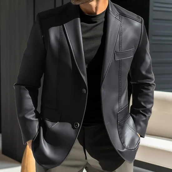 Discount OUKU Men's Faux Leather Jacket Blazer Outdoor Vacation Daily Wear Fashion Streetwear Fall Winter Polyester Faux Leather Plain Pocket Buttons Windproof Warm Single Breasted Blazer Black Red Brown