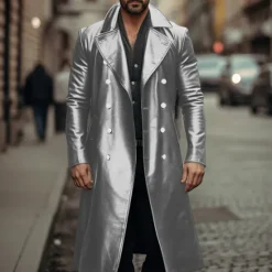 Discount OUKU Men's Faux Leather Jacket Transition Jacket Going out Spring & Fall Faux Leather Windbreaker Outerwear Clothing Apparel Solid Color Lapel Double Breasted