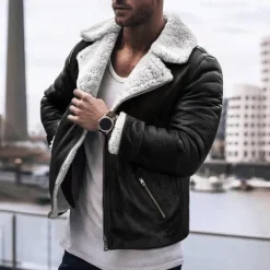 Online OUKU Men's Faux Leather Jacket Fleece Jacket Sherpa Jacket Daily Vacation Thermal Warm Pocket Fleece Fall & Winter Plain Fashion Streetwear Lapel Regular Black Brown Green Jacket