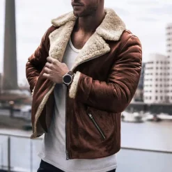 Online OUKU Men's Faux Leather Jacket Fleece Jacket Sherpa Jacket Daily Vacation Thermal Warm Pocket Fleece Fall & Winter Plain Fashion Streetwear Lapel Regular Black Brown Green Jacket