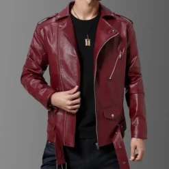 Hot OUKU Men's Faux Leather Jacket Biker Jacket Red Leather Jacket Athleisure Daily Wear Buckle All Seasons Solid / Plain Color Punk Fashion Casual Lapel Regular Faux Leather Black Red Jacket