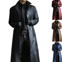 OUKU Men's Faux Leather Jacket Long Trench Coat Fall Winter Faux Leather Windproof Outerwear Clothing Apparel Vintage Pocket Lapel Single Breasted