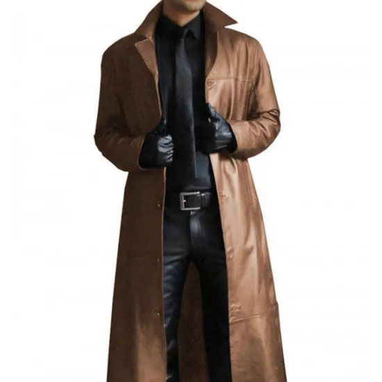 OUKU Men's Faux Leather Jacket Long Trench Coat Fall Winter Faux Leather Windproof Outerwear Clothing Apparel Vintage Pocket Lapel Single Breasted