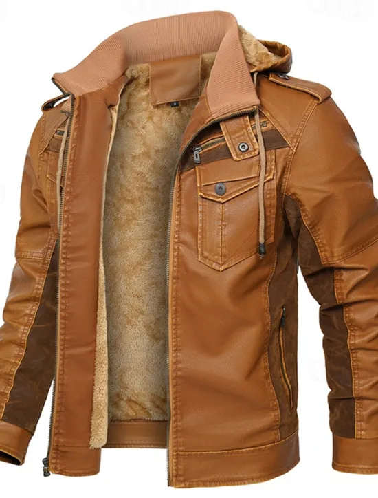 Sale OUKU Men's Faux Leather Jacket Biker Jacket Motorcycle Jacket Daily Vacation Fleece Lining Windproof Pocket Convertible Fall & Winter Color Block Fashion Classic Hooded Regular Black Yellow Jacket