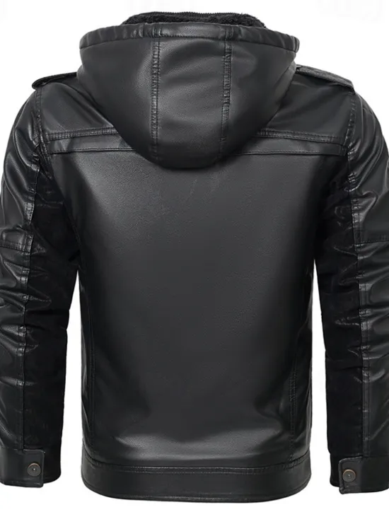 Sale OUKU Men's Faux Leather Jacket Biker Jacket Motorcycle Jacket Daily Vacation Fleece Lining Windproof Pocket Convertible Fall & Winter Color Block Fashion Classic Hooded Regular Black Yellow Jacket
