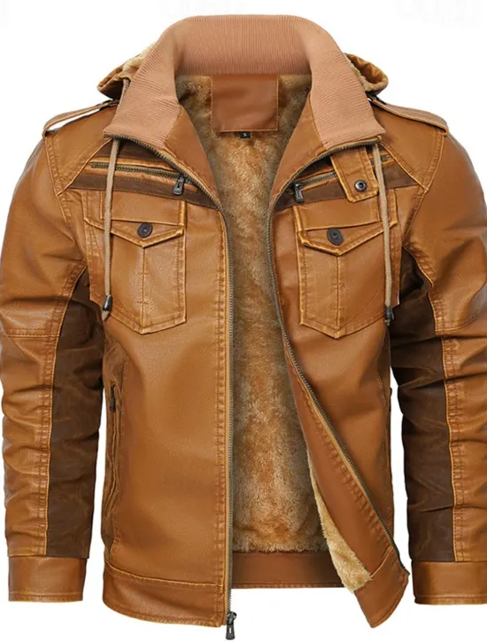 Sale OUKU Men's Faux Leather Jacket Biker Jacket Motorcycle Jacket Daily Vacation Fleece Lining Windproof Pocket Convertible Fall & Winter Color Block Fashion Classic Hooded Regular Black Yellow Jacket