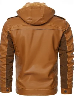 Sale OUKU Men's Faux Leather Jacket Biker Jacket Motorcycle Jacket Daily Vacation Fleece Lining Windproof Pocket Convertible Fall & Winter Color Block Fashion Classic Hooded Regular Black Yellow Jacket