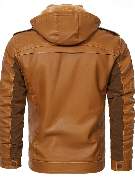 Sale OUKU Men's Faux Leather Jacket Biker Jacket Motorcycle Jacket Daily Vacation Fleece Lining Windproof Pocket Convertible Fall & Winter Color Block Fashion Classic Hooded Regular Black Yellow Jacket