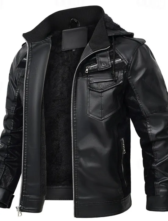 Sale OUKU Men's Faux Leather Jacket Biker Jacket Motorcycle Jacket Daily Vacation Fleece Lining Windproof Pocket Convertible Fall & Winter Color Block Fashion Classic Hooded Regular Black Yellow Jacket