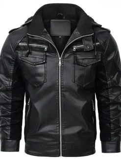 Sale OUKU Men's Faux Leather Jacket Biker Jacket Motorcycle Jacket Daily Vacation Fleece Lining Windproof Pocket Convertible Fall & Winter Color Block Fashion Classic Hooded Regular Black Yellow Jacket