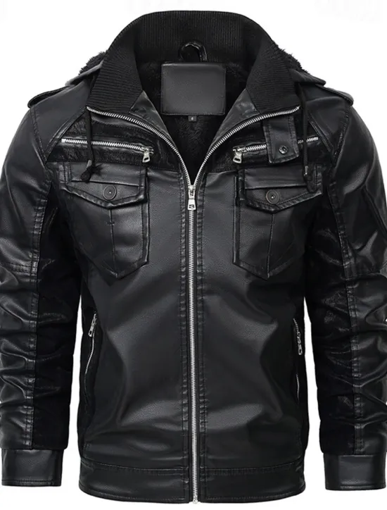 Sale OUKU Men's Faux Leather Jacket Biker Jacket Motorcycle Jacket Daily Vacation Fleece Lining Windproof Pocket Convertible Fall & Winter Color Block Fashion Classic Hooded Regular Black Yellow Jacket