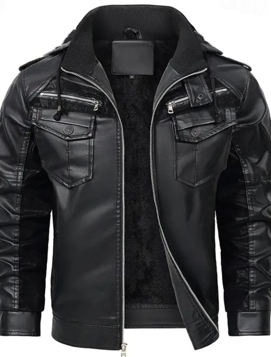 Sale OUKU Men's Faux Leather Jacket Biker Jacket Motorcycle Jacket Daily Vacation Fleece Lining Windproof Pocket Convertible Fall & Winter Color Block Fashion Classic Hooded Regular Black Yellow Jacket