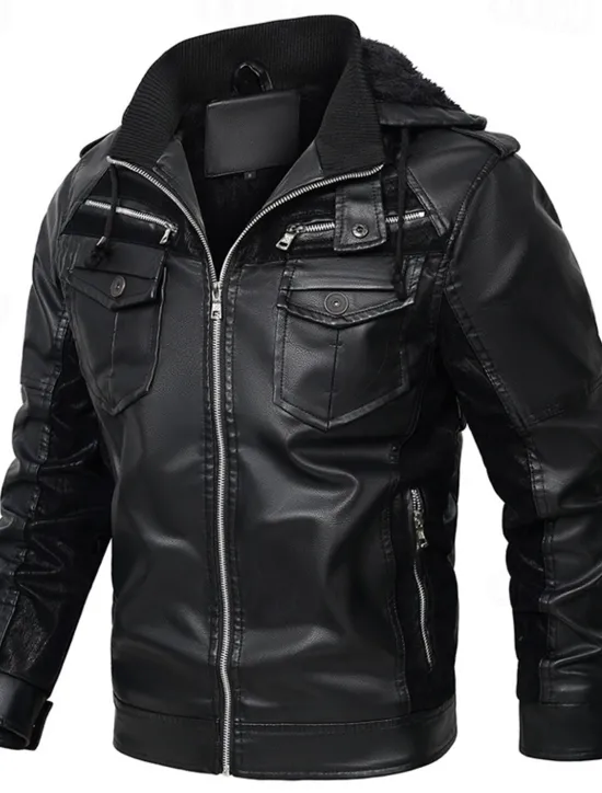 Sale OUKU Men's Faux Leather Jacket Biker Jacket Motorcycle Jacket Daily Vacation Fleece Lining Windproof Pocket Convertible Fall & Winter Color Block Fashion Classic Hooded Regular Black Yellow Jacket