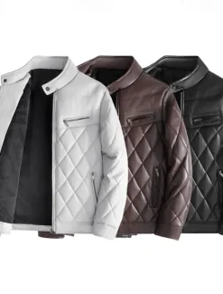 Online OUKU Men's Faux Leather Jacket Fleece Jacket Biker Jacket Motorcycle Jacket Daily Vacation Windproof Warm Pocket Fall & Winter Plain Fashion Classic Stand Collar Regular Black Beige Coffee Jacket