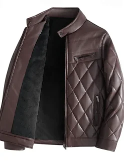 Online OUKU Men's Faux Leather Jacket Fleece Jacket Biker Jacket Motorcycle Jacket Daily Vacation Windproof Warm Pocket Fall & Winter Plain Fashion Classic Stand Collar Regular Black Beige Coffee Jacket