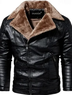 Best OUKU Men's Faux Leather Jacket Fleece Jacket Biker Jacket Motorcycle Jacket Daily Vacation Windproof Warm Pocket Fall & Winter Plain Fashion Classic Lapel Regular Black Red Brown Coffee Jacket