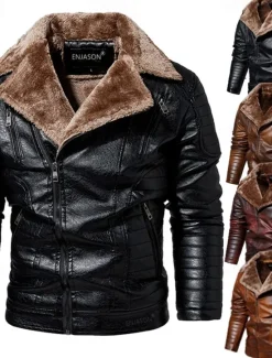 Best OUKU Men's Faux Leather Jacket Fleece Jacket Biker Jacket Motorcycle Jacket Daily Vacation Windproof Warm Pocket Fall & Winter Plain Fashion Classic Lapel Regular Black Red Brown Coffee Jacket