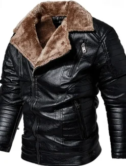 Best OUKU Men's Faux Leather Jacket Fleece Jacket Biker Jacket Motorcycle Jacket Daily Vacation Windproof Warm Pocket Fall & Winter Plain Fashion Classic Lapel Regular Black Red Brown Coffee Jacket