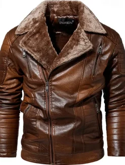 Best OUKU Men's Faux Leather Jacket Fleece Jacket Biker Jacket Motorcycle Jacket Daily Vacation Windproof Warm Pocket Fall & Winter Plain Fashion Classic Lapel Regular Black Red Brown Coffee Jacket