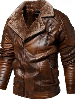 Best OUKU Men's Faux Leather Jacket Fleece Jacket Biker Jacket Motorcycle Jacket Daily Vacation Windproof Warm Pocket Fall & Winter Plain Fashion Classic Lapel Regular Black Red Brown Coffee Jacket