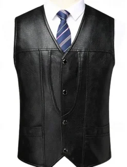 Best OUKU Men's Faux Leather Jacket Vest Gilet Wedding Event / Party Daily Fashion Business Spring & Summer Button Pocket Polyester Comfortable Plaid Single Breasted One-button V Neck Regular Fit Vest Black