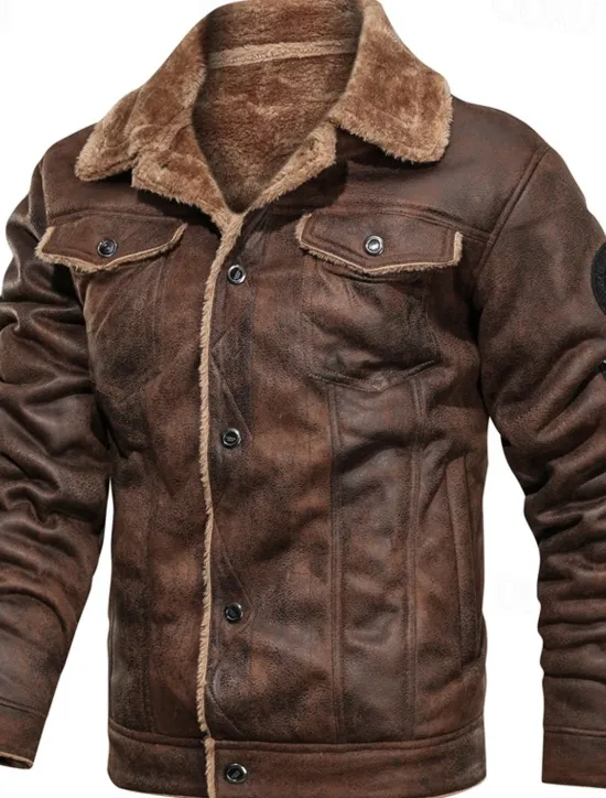 Clearance OUKU Men's Faux Leather Jacket Winter Jacket Red Leather Jacket Vintage Leather Jacket Daily Vacation Windproof Warm Pocket Fleece Fall & Winter Plain Fashion Classic Lapel Regular Black Brown Khaki Jacket