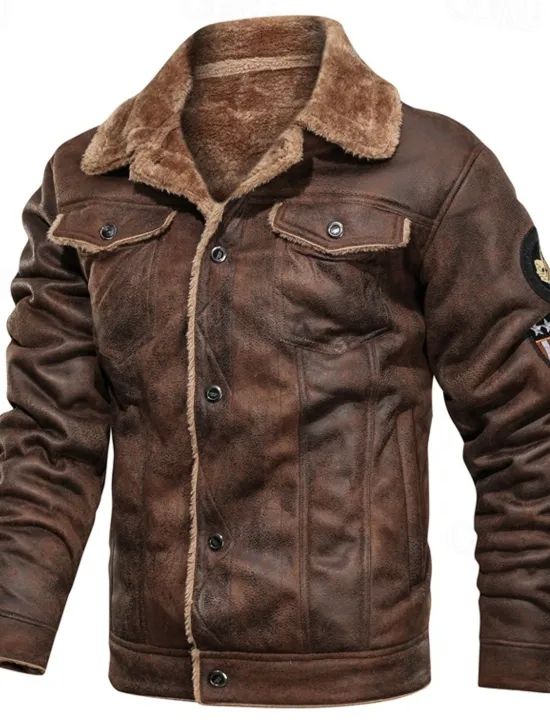 Clearance OUKU Men's Faux Leather Jacket Winter Jacket Red Leather Jacket Vintage Leather Jacket Daily Vacation Windproof Warm Pocket Fleece Fall & Winter Plain Fashion Classic Lapel Regular Black Brown Khaki Jacket