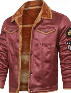 Clearance OUKU Men's Faux Leather Jacket Winter Jacket Red Leather Jacket Vintage Leather Jacket Daily Vacation Windproof Warm Pocket Fleece Fall & Winter Plain Fashion Classic Lapel Regular Black Brown Khaki Jacket