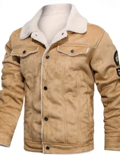Clearance OUKU Men's Faux Leather Jacket Winter Jacket Red Leather Jacket Vintage Leather Jacket Daily Vacation Windproof Warm Pocket Fleece Fall & Winter Plain Fashion Classic Lapel Regular Black Brown Khaki Jacket