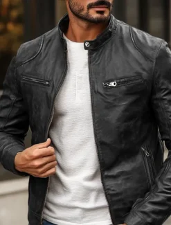 Discount OUKU Men's Faux Leather Jacket Biker Jacket Motorcycle Jacket Daily Thermal Warm Rain Waterproof Zipper Fall & Winter Solid Colored Punk Vintage Stand Collar Regular Black Blue Brown Coffee Jacket