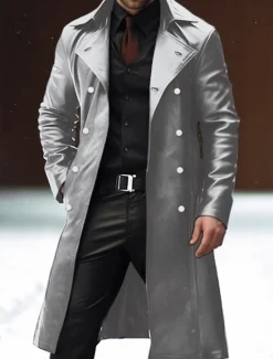 Outlet OUKU Men's Faux Leather Jacket Winter Coat Transition Jacket Peacoat Trench Coat Office & Career Daily Wear Winter PU Thermal Warm Windproof Outerwear Clothing Apparel Fashion Warm Ups Plain Pocket Lapel