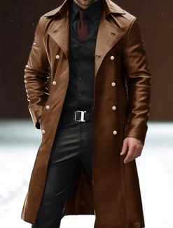 Outlet OUKU Men's Faux Leather Jacket Winter Coat Transition Jacket Peacoat Trench Coat Office & Career Daily Wear Winter PU Thermal Warm Windproof Outerwear Clothing Apparel Fashion Warm Ups Plain Pocket Lapel