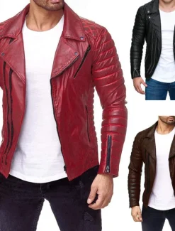 Outlet OUKU Men's Faux Leather Jacket Transition Jacket Biker Jacket Motorcycle Jacket Vacation Daily Windproof Warm Pocket Fall & Winter Plain Fashion Classic Lapel Regular Faux Leather Black Red Coffee Jacket