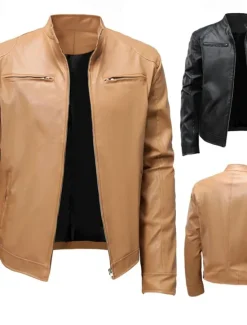 Outlet OUKU Men's Faux Leather Jacket Shirt Jacket Transition Jacket Biker Jacket Vacation Daily Windproof Warm Pocket Fall & Winter Plain Fashion Classic Stand Collar Regular Faux Leather Black Khaki Jacket