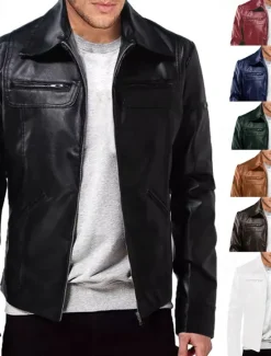 Online OUKU Men's Faux Leather Jacket Biker Jacket Red Leather Jacket Motorcycle Jacket Daily Vacation Windproof Warm Pocket Fall & Winter Plain Fashion Classic Lapel Regular Faux Leather Black White Wine Dark