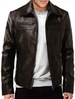 Online OUKU Men's Faux Leather Jacket Biker Jacket Red Leather Jacket Motorcycle Jacket Daily Vacation Windproof Warm Pocket Fall & Winter Plain Fashion Classic Lapel Regular Faux Leather Black White Wine Dark