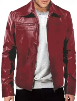 Online OUKU Men's Faux Leather Jacket Biker Jacket Red Leather Jacket Motorcycle Jacket Daily Vacation Windproof Warm Pocket Fall & Winter Plain Fashion Classic Lapel Regular Faux Leather Black White Wine Dark