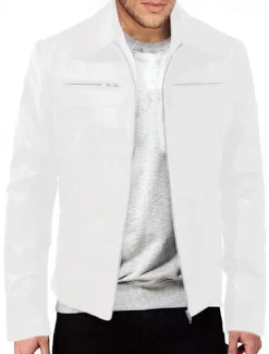 Online OUKU Men's Faux Leather Jacket Biker Jacket Red Leather Jacket Motorcycle Jacket Daily Vacation Windproof Warm Pocket Fall & Winter Plain Fashion Classic Lapel Regular Faux Leather Black White Wine Dark
